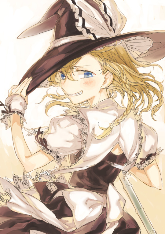 bamboo_broom blonde_hair blue_eyes blush braid broom curiosities_of_lotus_asia from_behind grin hat hat_tip holding kirisame_marisa lace_trim looking_at_viewer looking_back okari puffy_short_sleeves puffy_sleeves short_sleeves smile solo touhou witch_hat wrist_cuffs