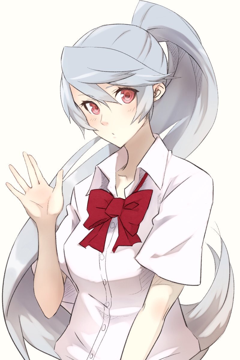 blue_hair bow dress_shirt highres labrys long_hair looking_at_viewer persona persona_4:_the_ultimate_in_mayonaka_arena ponytail rdc7229 red_eyes school_uniform shirt solo upper_body very_long_hair waving white_shirt