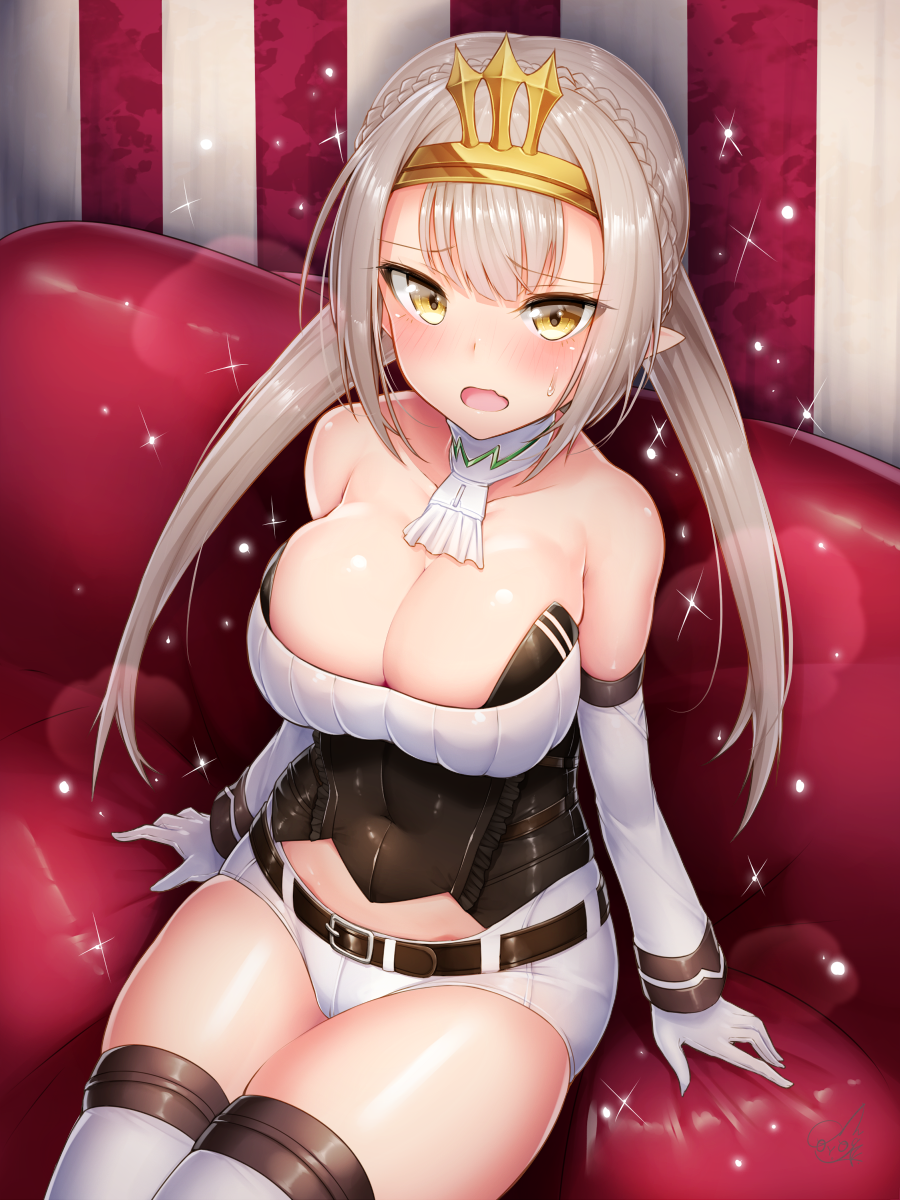 1girl arms_at_sides bangs bare_shoulders belt belt_buckle blonde_hair blush braid breasts buckle busou_shinki character_request cleavage collarbone commentary_request corset couch covered_navel crown_braid detached_collar detached_sleeves doyouwantto eyebrows_visible_through_hair gloves hairband highres large_breasts long_hair long_sleeves looking_at_viewer on_couch open_mouth pointy_ears shiny shiny_hair shiny_skin short_shorts shorts signature silver_hair sitting skindentation solo strapless striped striped_background thighhighs twintails vertical-striped_background vertical_stripes white_gloves white_legwear white_shorts yellow_hairband