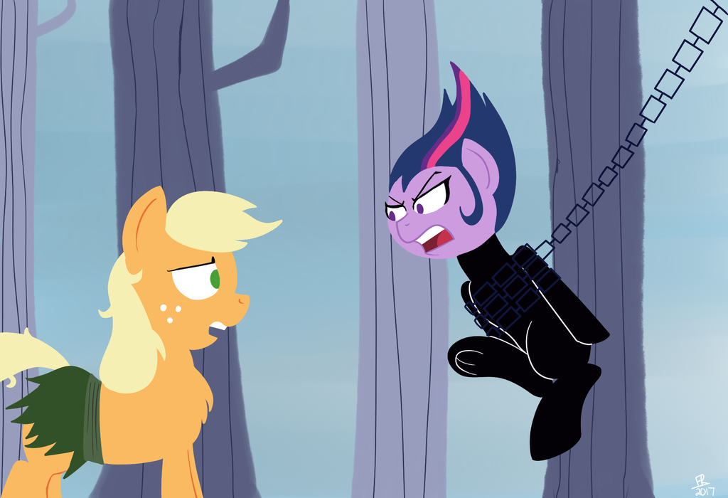 2017 angry applejack_(mlp) ashi_(samurai_jack) chain clothed clothing crossover daughters_of_aku equine female feralroku forest friendship_is_magic hanging_(disambiguation) horse kusarigama mammal my_little_pony parody pony samurai_jack samurai_jack_(character) tree twilight_sparkle_(mlp) weapon