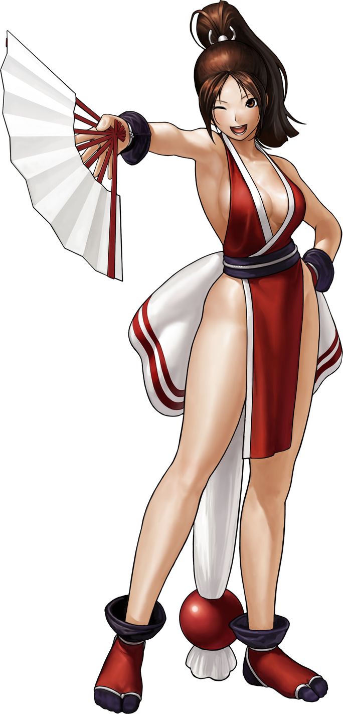 armpits backless_outfit beads breasts brown_hair center_opening duplicate fan fatal_fury folding_fan full_body highres large_breasts legs long_hair ninja official_art ogura_eisuke one_eye_closed pelvic_curtain ponytail revealing_clothes shiranui_mai sideboob simple_background solo tabi the_king_of_fighters the_king_of_fighters_xiii white_background