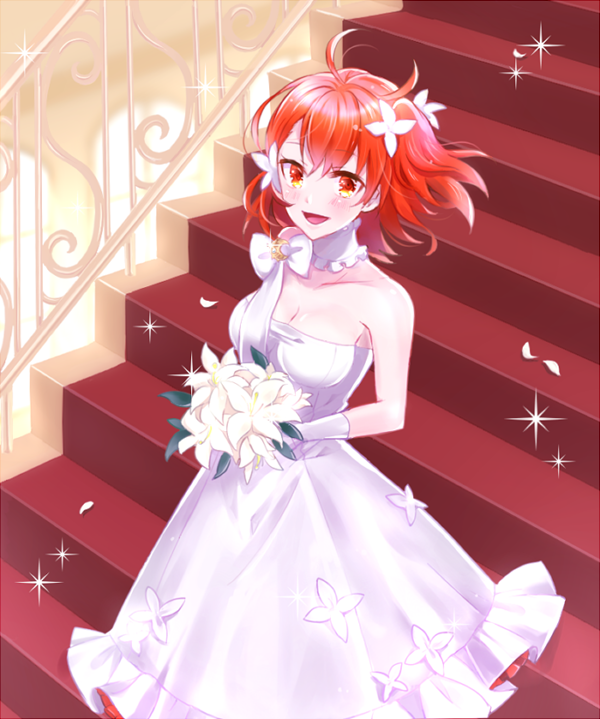 1girl :d bouquet bow breasts choker cleavage collarbone dress eyebrows_visible_through_hair fate/grand_order fate_(series) floating_hair flower fujimaru_ritsuka_(female) gloves hair_between_eyes hair_flower hair_ornament holding holding_bouquet indoors long_dress medium_breasts one_side_up open_mouth orange_eyes red_hair short_hair sleeveless sleeveless_dress smile solo stairs strapless strapless_dress white_bow white_dress white_flower white_gloves xrfc8473