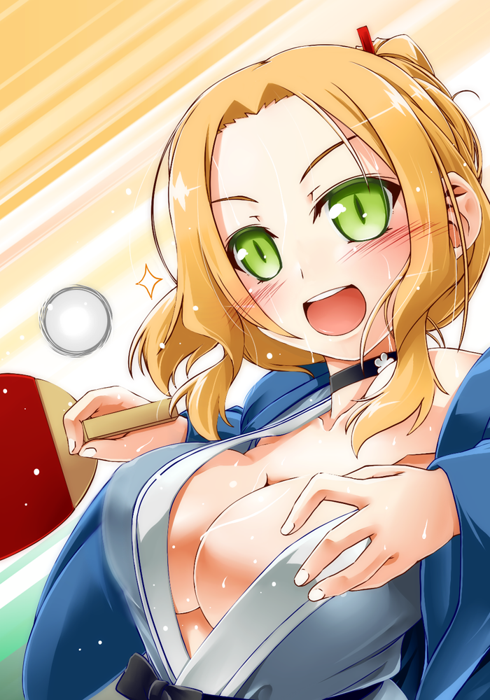 alternate_costume ball bath_yukata blonde_hair blush breasts choker cleavage commentary_request green_eyes hair_ornament hair_ribbon hanten_(clothes) hisame_genta inubouzaki_fuu japanese_clothes kimono large_breasts long_hair looking_at_viewer motion_blur motion_lines off_shoulder open_mouth paddle ribbon sash smile solo table_tennis table_tennis_ball table_tennis_paddle tied_hair yukata yuuki_yuuna_wa_yuusha_de_aru yuusha_de_aru