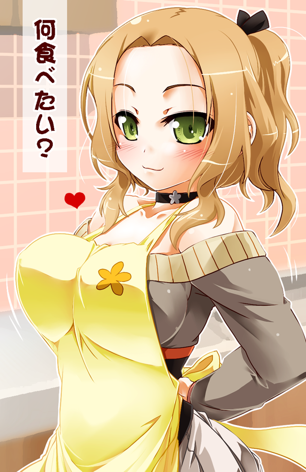 :3 alternate_hairstyle apron bare_shoulders blonde_hair blush bouncing_breasts breasts choker collarbone commentary_request green_eyes hair_ornament hair_ribbon heart hisame_genta indoors inubouzaki_fuu kitchen large_breasts long_sleeves looking_at_viewer motion_lines ribbon skirt smile solo text_focus tied_hair tile_wall tiles translation_request tying_apron waist_apron yuuki_yuuna_wa_yuusha_de_aru yuusha_de_aru