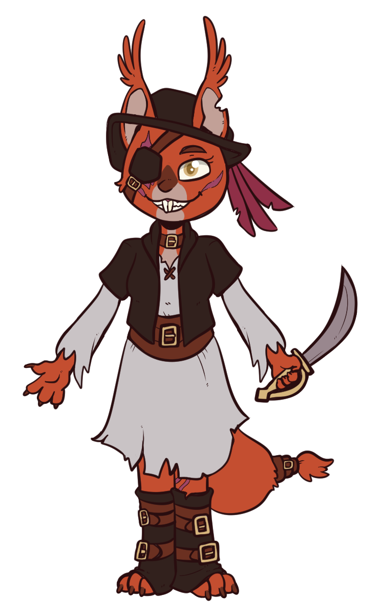 anthro boots brown_eyes buckteeth choker claws clothed clothing cutlass ear_tuft eye_patch eyewear female footwear fur furgonomics glasgow_smile grin hat jolly_red looking_at_viewer lucheek mammal melee_weapon notched_ear pirate red_fur rodent scar sciurid smile solo sword teeth tuft weapon