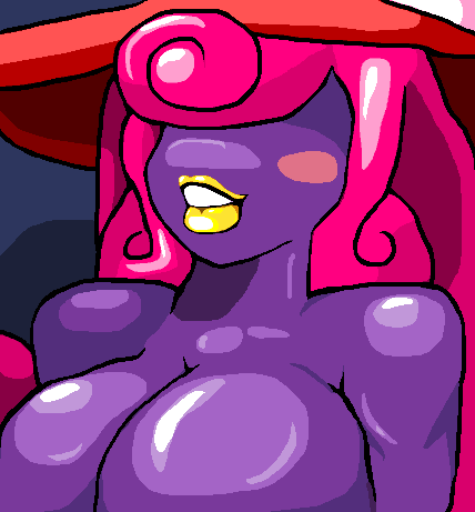 big_breasts blush breasts casetermk cleavage clothed clothing female hair hair_over_eyes mario_bros nintendo paper_mario pink_hair purple_skin solo video_games vivian_(mario) yellow_lips