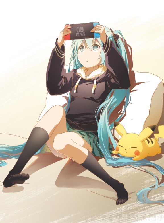 alternate_costume aqua_eyes aqua_hair arms_up bangs beige_background black_bow black_hoodie black_legwear bow casual chinese_commentary commentary crossover drawstring eyebrows_visible_through_hair full_body gen_1_pokemon gradient gradient_background green_skirt hair_between_eyes hair_bow hatsune_miku holding knee_up kneehighs long_hair long_sleeves looking_up lying miniskirt nintendo_switch on_stomach pikachu pillow pleated_skirt pokemon pokemon_(creature) shadow shangguan_feiying sitting skirt thighs twintails very_long_hair vocaloid white_background