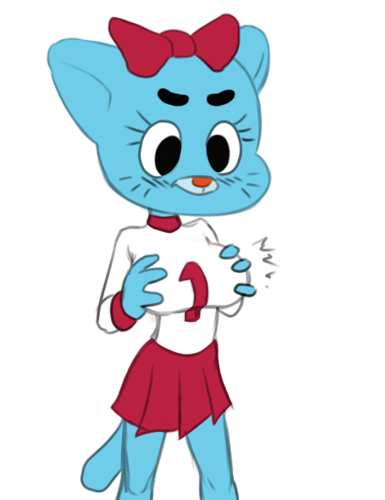 2017 anthro big_breasts blue_fur blush breasts cartoon_network cat cerebropodrido cheerleader cheerleader_outfit digital_media_(artwork) eyelashes feline female fur grope hair_bow hair_ribbon mammal nicole_watterson ribbons self_groping simple_background solo standing the_amazing_world_of_gumball whiskers white_background zeigram