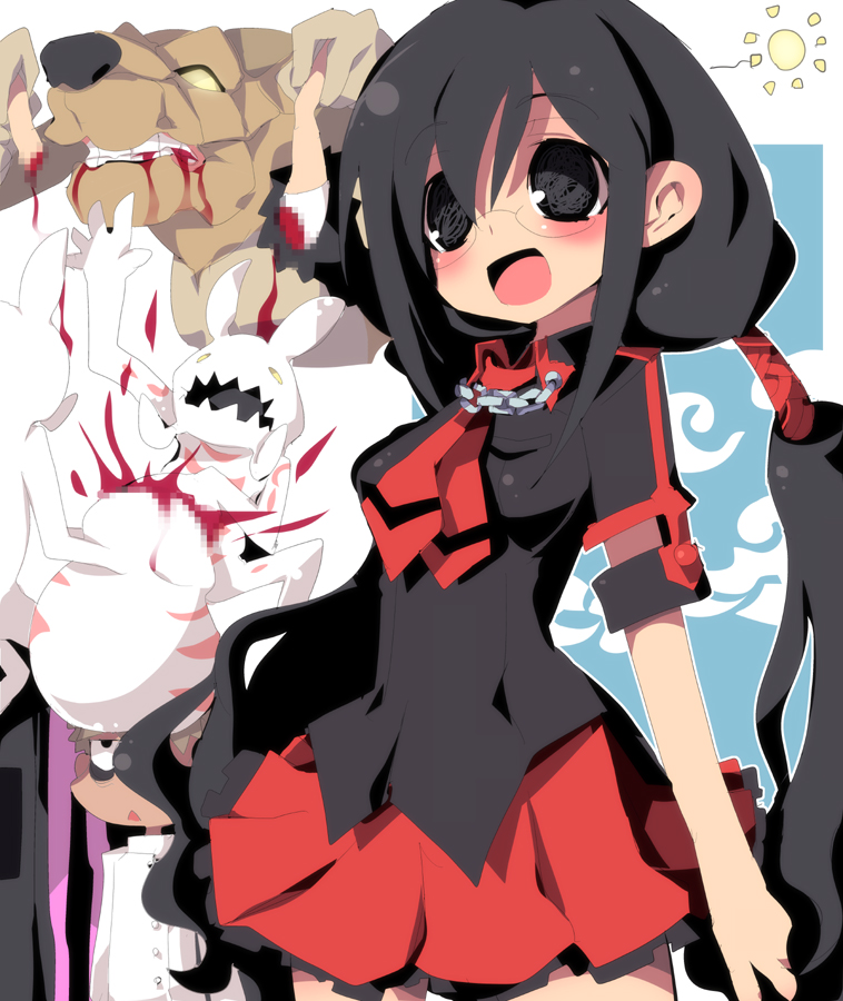 black_hair blood-c censored dangomushi glasses kisaragi_saya long_hair mosaic_censoring open_mouth red_eyes school_uniform skirt solo twintails very_long_hair