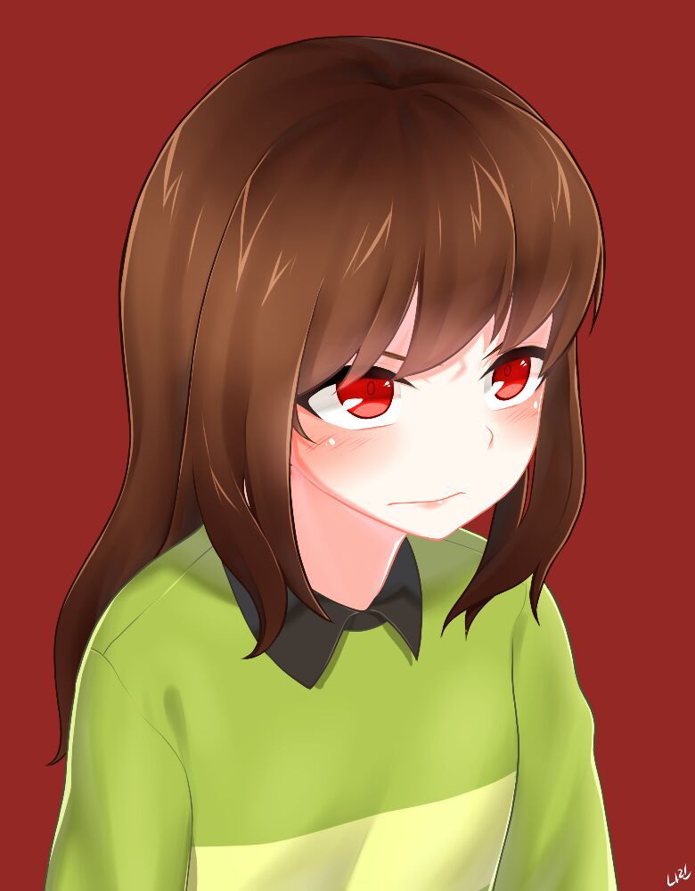 1girl artist_name artist_request blush brown_hair chara_(undertale) long_sleeves red_eyes solo striped striped_sweater sweater undertale upper_body