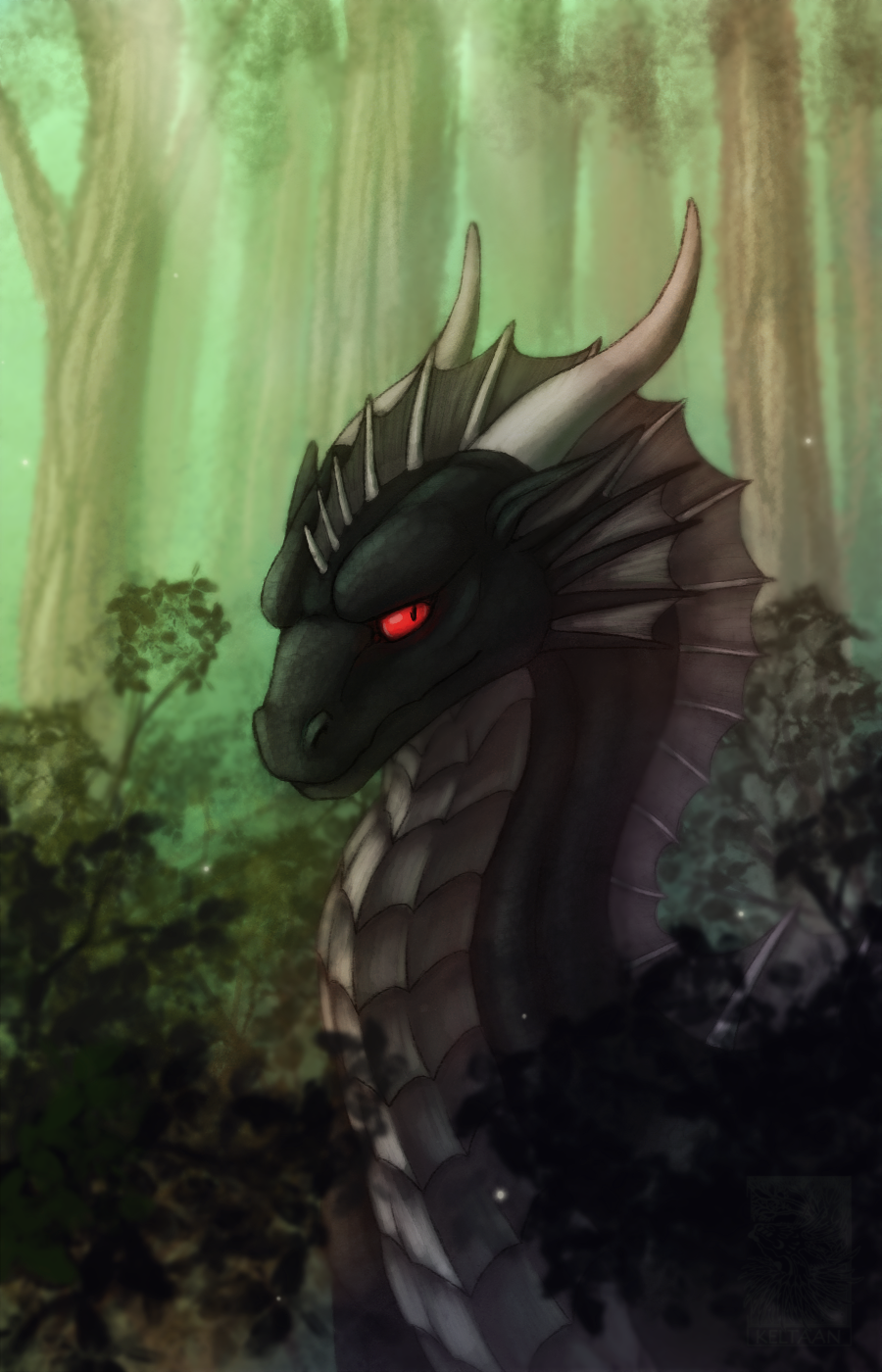 curved_horn day detailed_background dragon horn keltaan male outside red_eyes scalie smooth_horn solo spines tree western_dragon