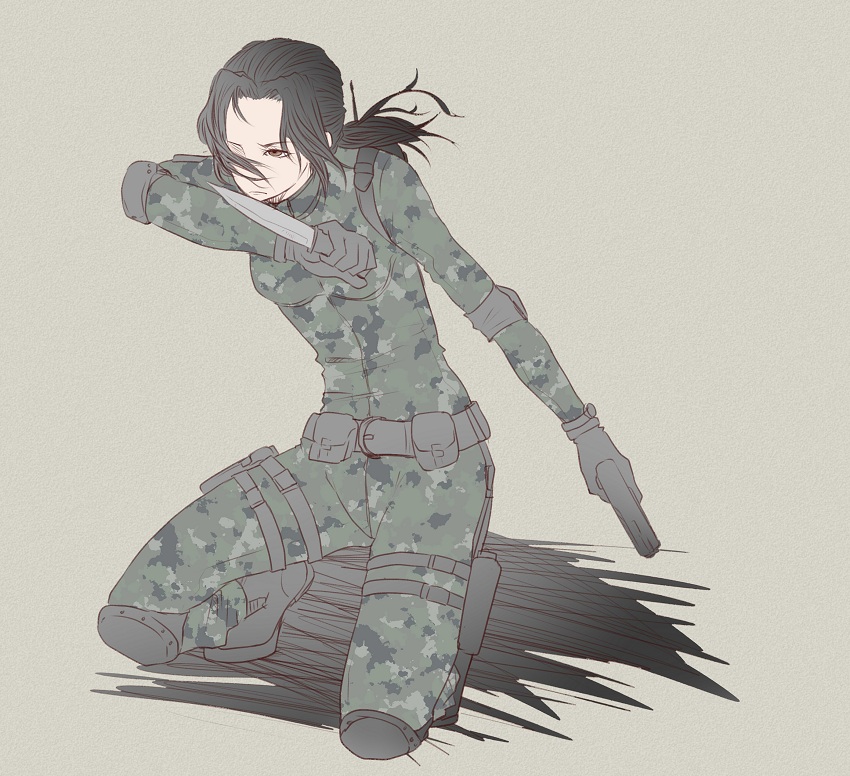 beige_background boots brown_eyes brown_hair camouflage caroline_floyd gloves gun knife kotowa4010 long_hair low_ponytail military military_uniform resident_evil resident_evil_operation_raccoon_city solo uniform weapon