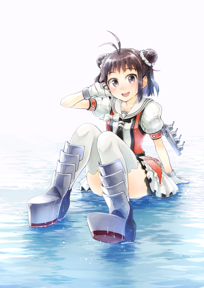 1girl :d adjusting_hair antenna_hair arm_support armored_boots black_neckwear blush boots brown_eyes brown_hair double_bun gloves hand_on_own_face kantai_collection kou1 light_blush naka_(kantai_collection) neckerchief ocean on_water open_mouth raised_eyebrows school_uniform serafuku simple_background sitting smile solo thighhighs turret white_background white_gloves