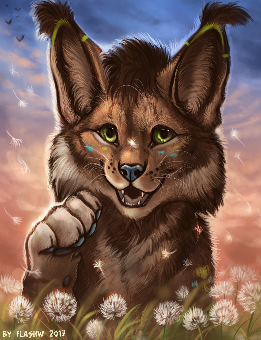 black_nose brown_fur brown_hair day detailed_background feline flashw fur green_eyes hair lynx mammal open_mouth outside paws sky smile solo teeth tongue whiskers
