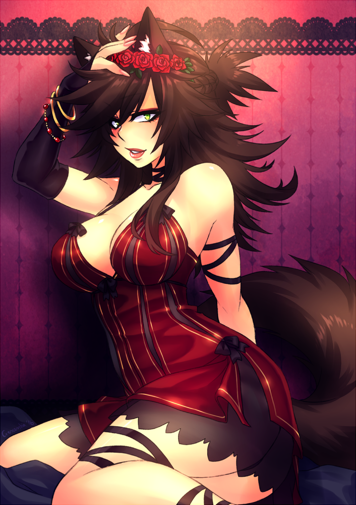 1girl animal_ears bare_shoulders bracelet breasts brown_hair claire_(deathblight) crescentia deathblight fingerless_glove flower glove green_eyes hair_ornament lingerie lips lipstick long_hair looking_at_viewer makeup medium_breasts nail_polish nightgown rose sitting solo tail wolf_girl