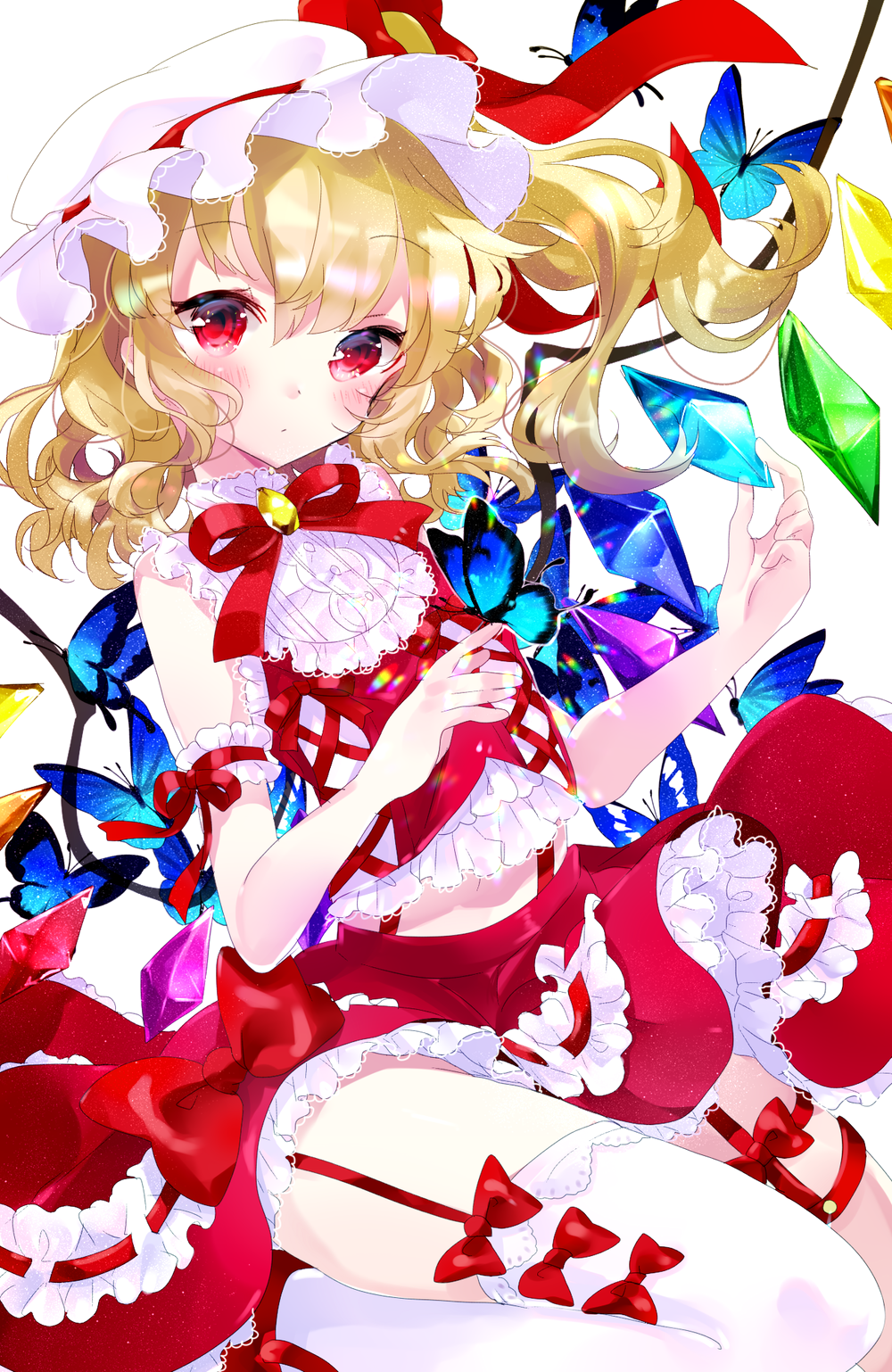 1girl arm_garter blonde_hair blush bow bow_legwear brooch butterfly_on_hand closed_mouth cross-laced_clothes crystal curly_hair expressionless flandre_scarlet folded_leg frilled_shirt frills garter_straps hat hat_ribbon highres holding jewelry looking_at_viewer medium_hair midriff mob_cap navel neck_ribbon one_side_up petticoat red_bow red_eyes red_ribbon red_skirt remimim ribbon ribbon-trimmed_skirt ribbon_trim shirt simple_background single_thighhigh skirt skirt_set sleeveless sleeveless_shirt solo thigh_strap thighhighs touhou white_background wings