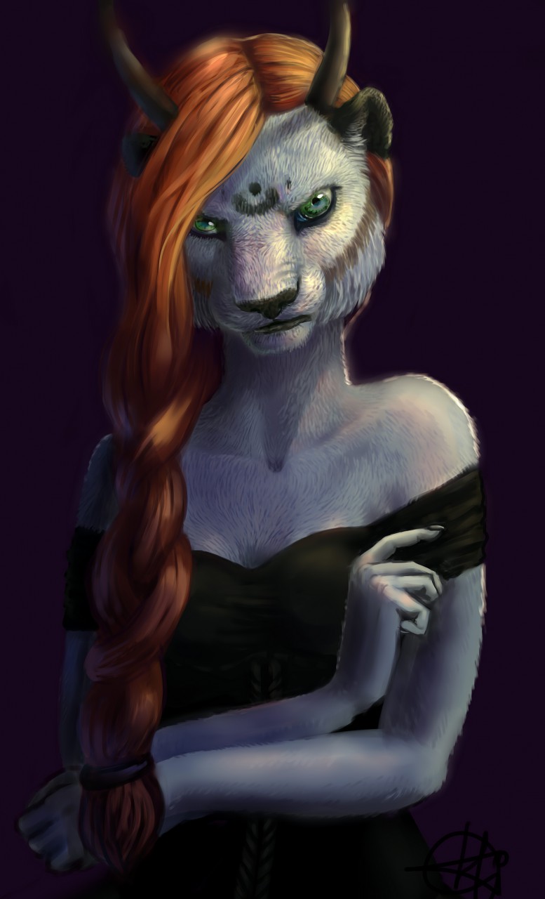 angry anthro black_lips claws clothed clothing dress feline female frown fully_clothed green_eyes hair himeragoldtail_(artist) horn looking_at_viewer mammal orange_hair solo tiger white_tiger
