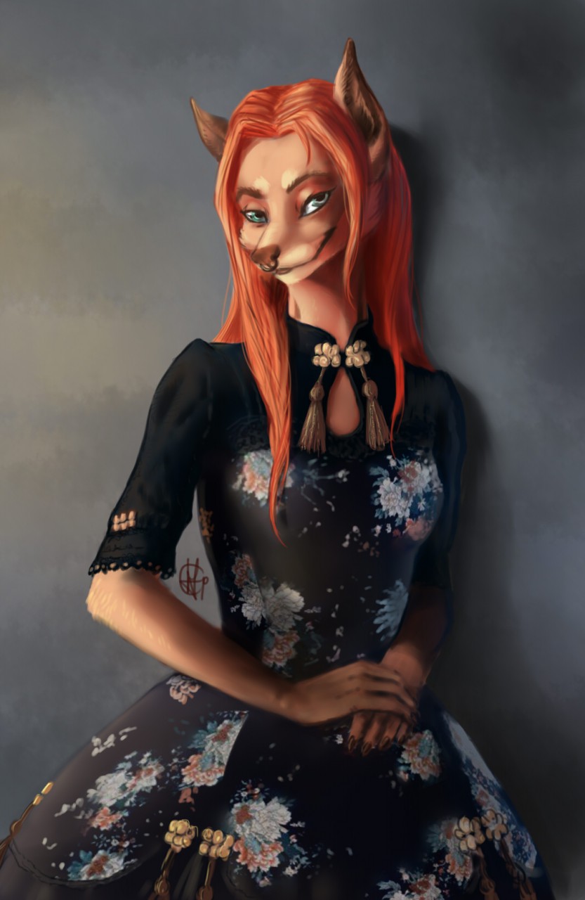 anthro canine clothed clothing dress facial_piercing female fox fully_clothed fur green_eyes hair himeragoldtail_(artist) looking_at_viewer mammal nose_piercing nose_ring orange_fur orange_hair piercing smile solo