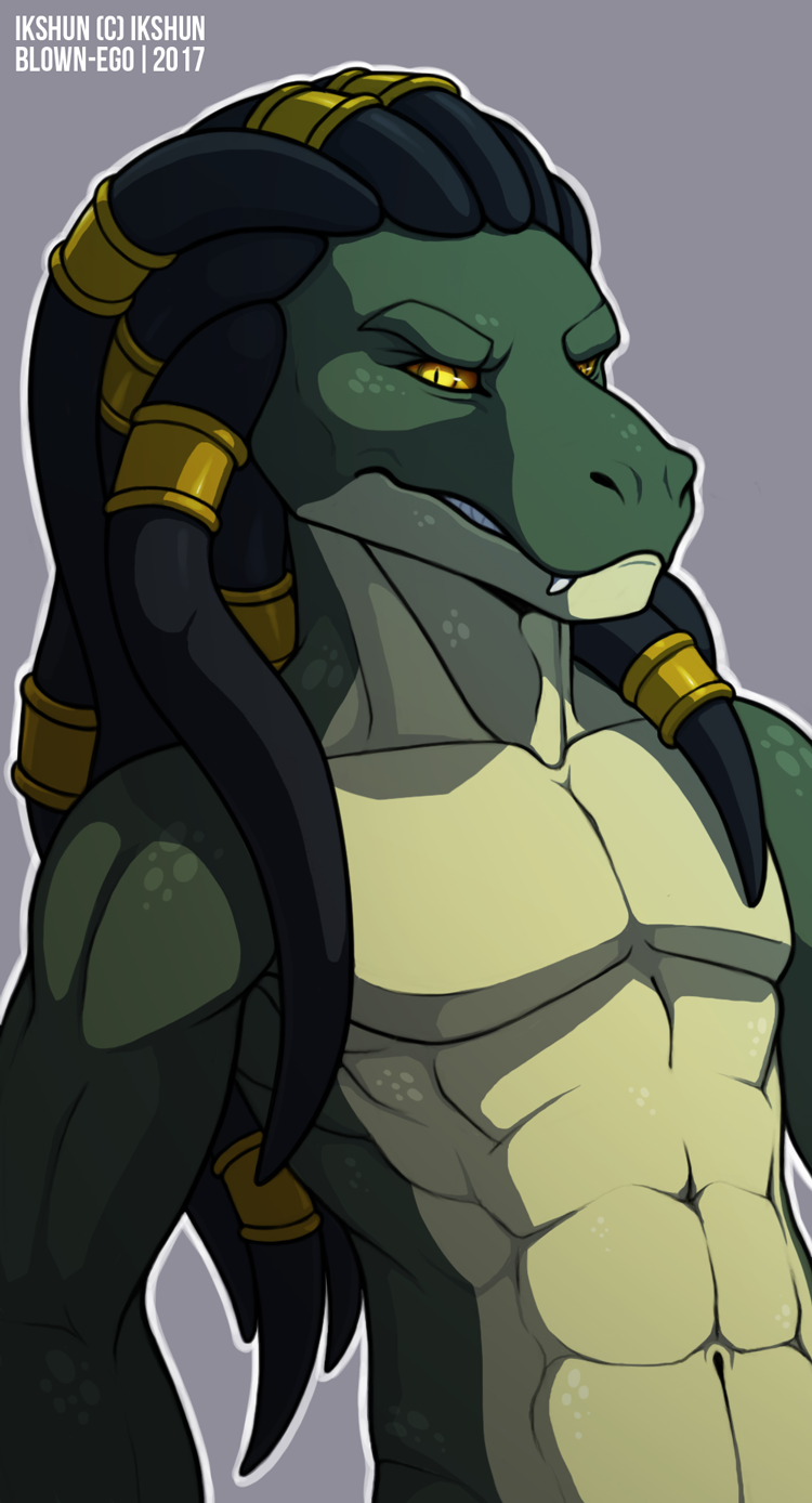 abs anthro black_hair blown-ego dreadlocks fangs hair ikshun jewelry lizard looking_at_viewer male muscular muscular_male reptile scalie simple_background solo teeth