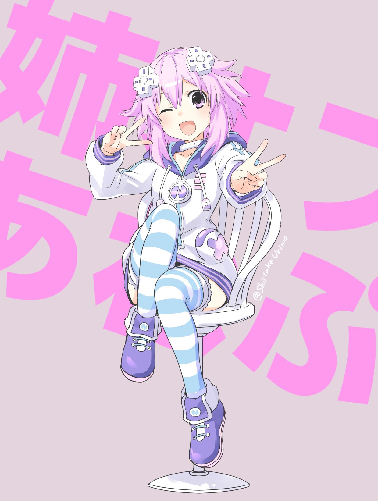 1girl ;o blush chair choker commentary_request d-pad d-pad_hair_ornament double_v full_body hair_between_eyes hair_ornament highres hood hooded_jacket jacket knee_up legs looking_at_viewer neptune_(choujigen_game_neptune) neptune_(series) one_eye_closed purple_eyes purple_footwear purple_hair shiitake_urimo short_hair_with_long_locks signature sitting solo striped thighhighs usb v white_choker