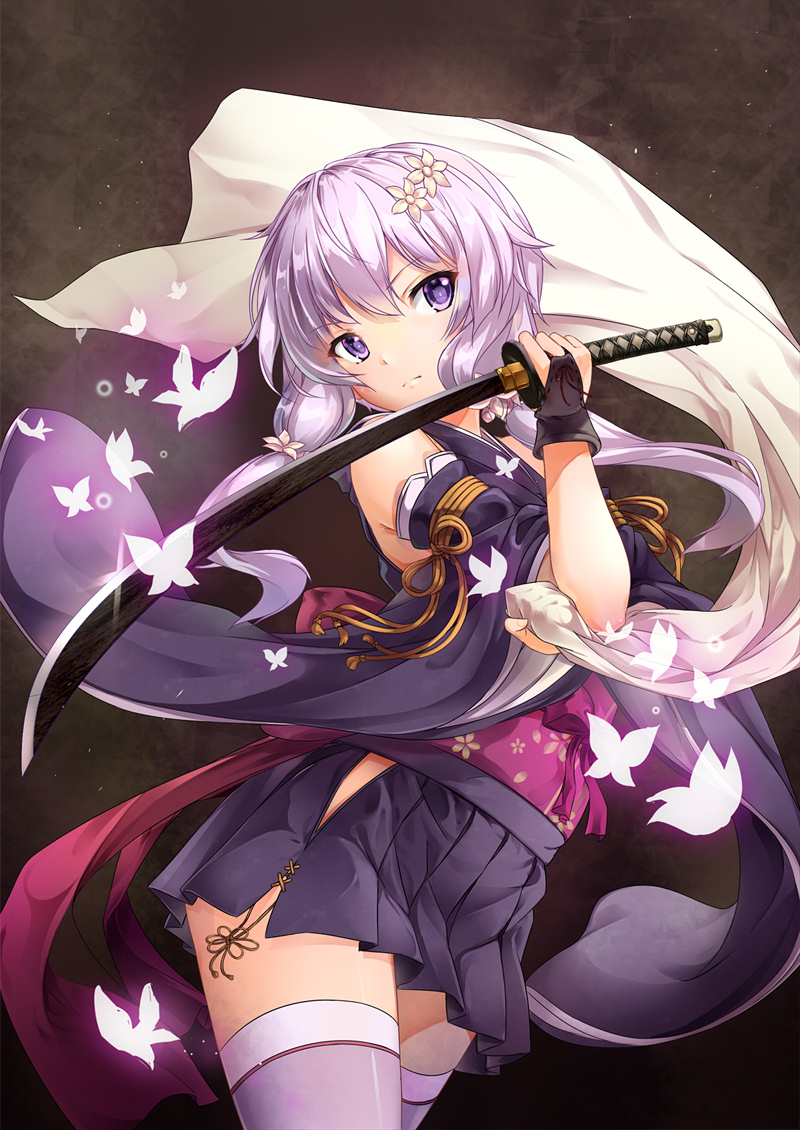alternate_costume bangs blade bug bug_(artist) butterfly commentary_request cowboy_shot detached_sleeves fingerless_gloves flower gloves hair_flower hair_ornament head_tilt holding holding_sword holding_weapon insect japanese_clothes katana lavender_hair looking_at_viewer obi pleated_skirt purple_eyes purple_legwear sash short_hair_with_long_locks sidelocks skirt solo standing sword thighhighs vocaloid voiceroid weapon wide_sleeves yuzuki_yukari zettai_ryouiki