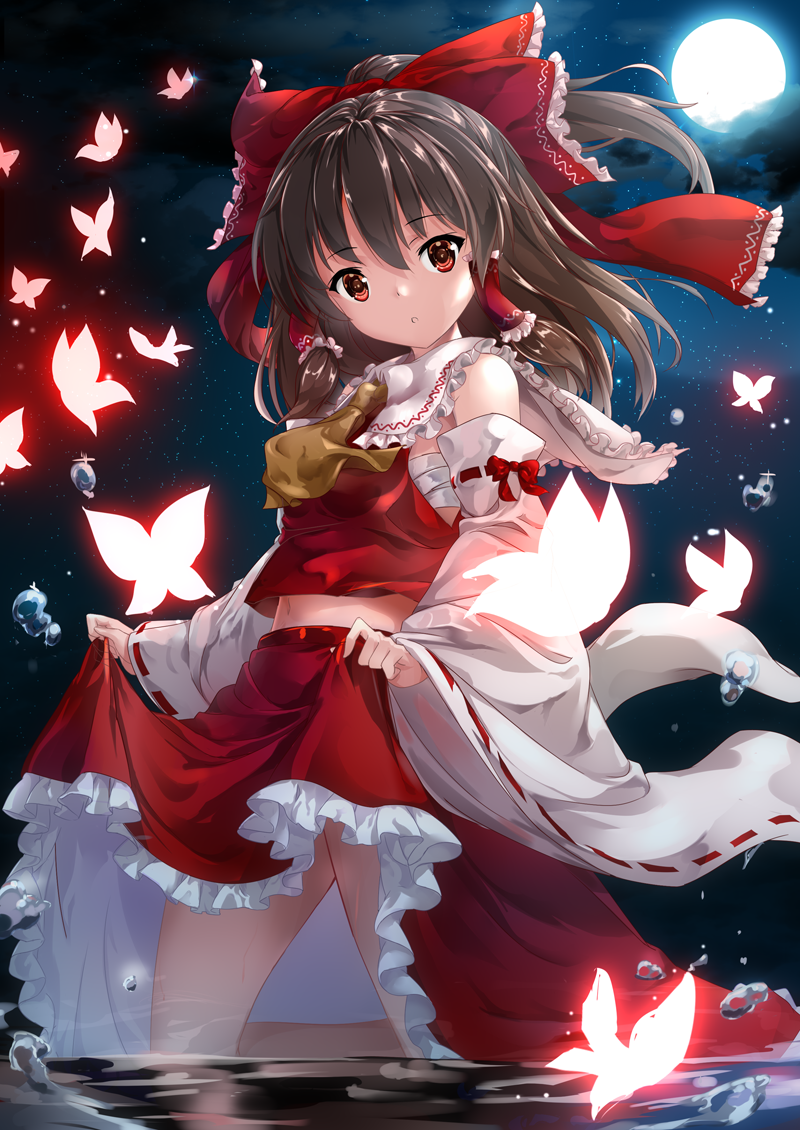 ascot bangs bow brown_hair bug bug_(artist) butterfly detached_sleeves full_moon hair_bow hair_tubes hakurei_reimu insect long_hair looking_at_viewer midriff moon navel night night_sky outdoors red_bow red_eyes red_skirt ribbon-trimmed_sleeves ribbon_trim sarashi skirt skirt_hold skirt_set sky solo sparkle standing star_(sky) starry_sky touhou vest wading water water_drop