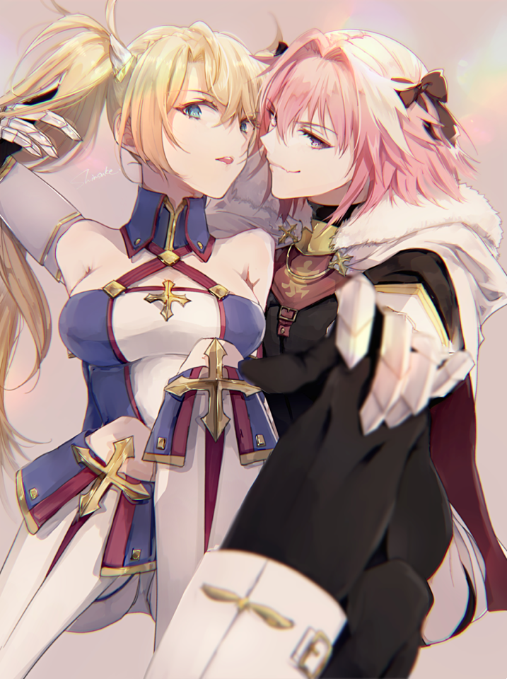 1boy 1girl astolfo_(fate) bangs black_bow black_ribbon blonde_hair blue_eyes boots bow bradamante_(fate/grand_order) breasts cloak closed_mouth commentary elbow_gloves fate/grand_order fate_(series) fur_trim gauntlets gloves hair_intakes hair_ribbon hand_in_hair hand_on_own_knee legs_crossed long_hair looking_at_viewer medium_breasts multicolored_hair open_mouth pink_hair purple_eyes ribbon shinsukeja signature smile streaked_hair twintails very_long_hair