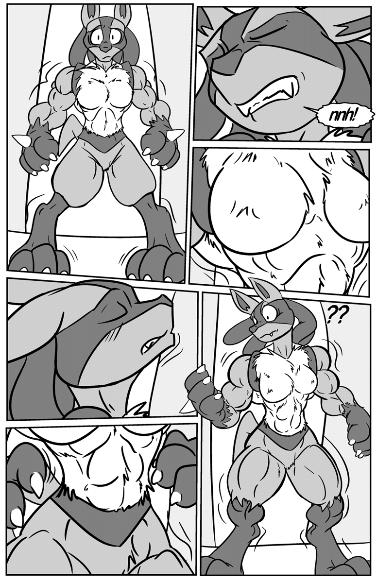 3_fingers 3_toes abs biceps big_muscles blush breasts claws clenched_teeth comic confusion eyes_closed fangs female forest greyscale growth keanon_woods lucario monochrome muscle_growth muscular nintendo pecs pok&eacute;mon quads spikes teeth text toes tree video_games