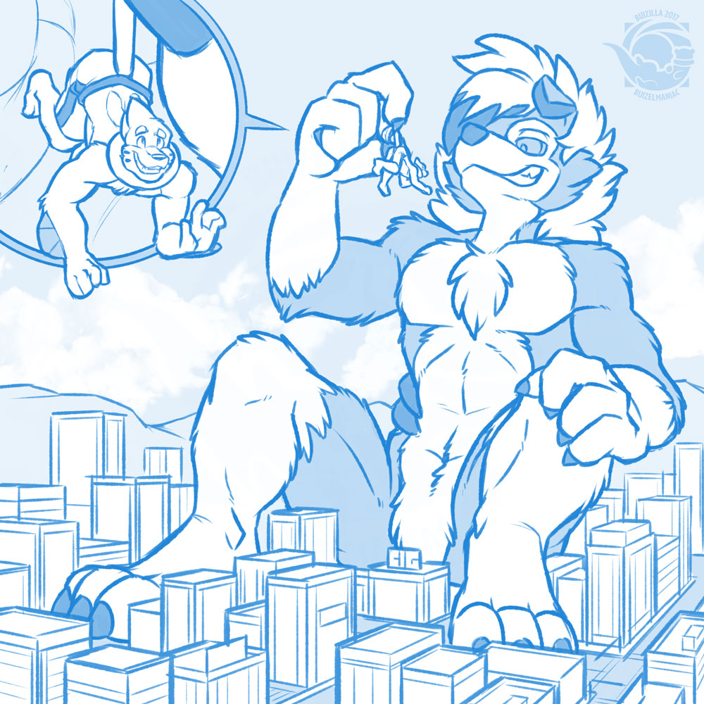 anthro buizel buizilla_(character) canine city claws fangs fur lycanroc macro male mammal midnight_lycanroc monochrome nakes nintendo pok&eacute;mon size_difference teeth video_games