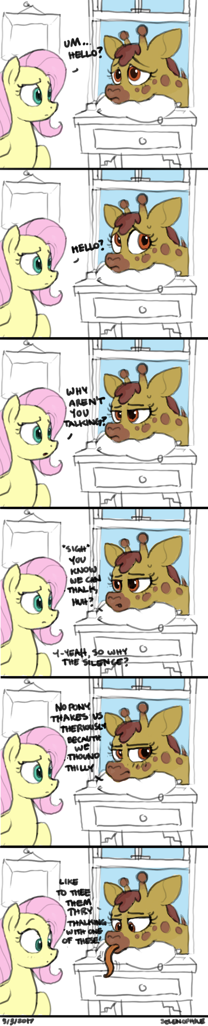 2017 absurd_res dialogue duo english_text equine female feral fluttershy_(mlp) friendship_is_magic giraffe hair hi_res mammal my_little_pony pink_hair selenophile text tongue tongue_out