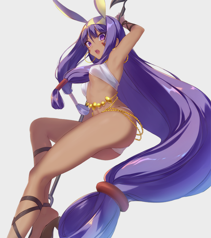 arm_up armpits bad_id bad_tumblr_id bangs banned_artist breasts dark_skin earrings egyptian egyptian_clothes fate/grand_order fate_(series) from_side grey_background hairband holding hoop_earrings jewelry knee_up long_hair looking_at_viewer low-tied_long_hair nitocris_(fate/grand_order) open_mouth purple_eyes purple_hair revealing_clothes simple_background small_breasts solo suisen thighs underboob very_long_hair