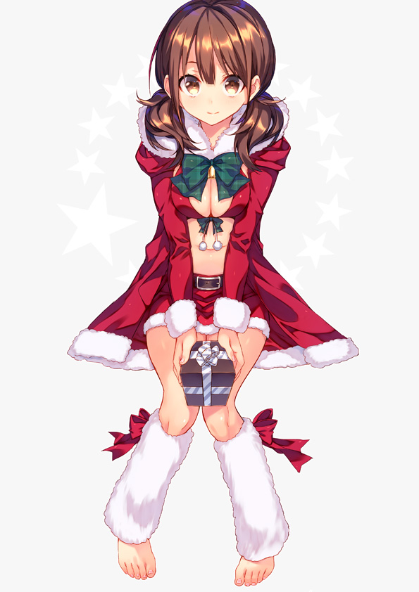 bangs banned_artist barefoot belt breasts brown_eyes brown_hair cleavage closed_mouth coat full_body fur_trim gift grey_background holding holding_gift knees_together_feet_apart leg_warmers long_hair looking_at_viewer low_twintails medium_breasts miniskirt navel original red_bikini_top red_skirt santa_costume shiny shiny_hair simple_background skirt smile solo star starry_background suisen toes twintails