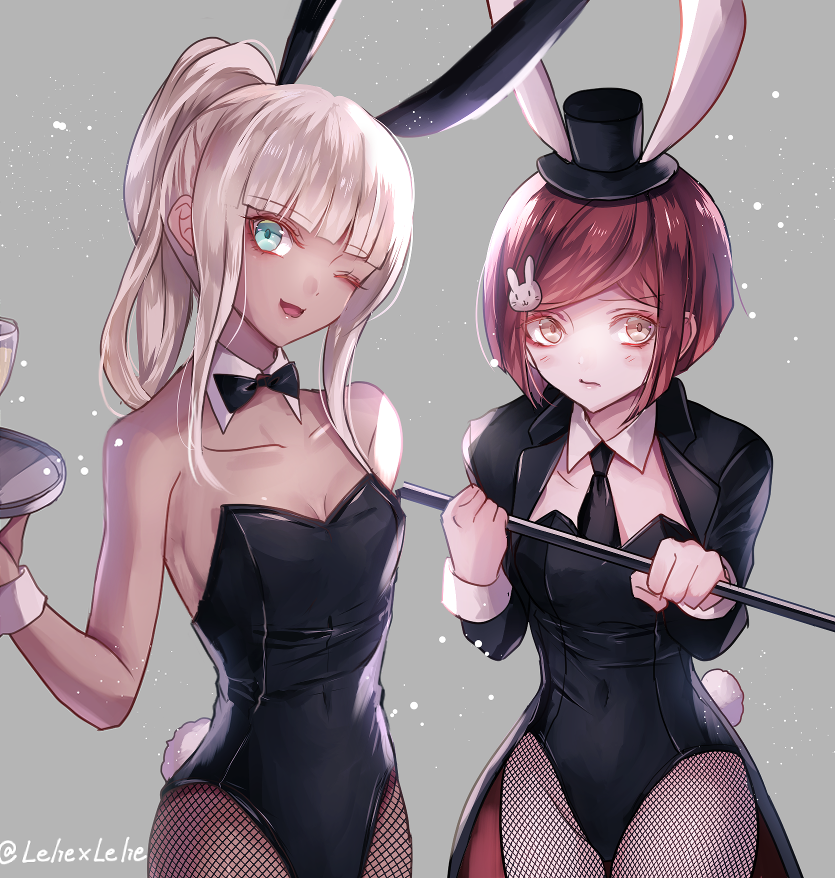 2girls ;d alternate_hairstyle animal_ears bangs bare_shoulders black_bow black_hat black_jacket black_leotard black_neckwear blonde_hair blunt_bangs blush bow bowtie breasts brown_eyes bunny_hair_ornament bunny_tail bunnysuit choker cleavage collarbone covered_navel danganronpa dark_skin eyebrows_visible_through_hair fake_animal_ears fishnet_pantyhose fishnets grey_background hair_ornament hat head_tilt high_ponytail holding holding_plate jacket leotard long_sleeves looking_at_viewer looking_away mini_hat multiple_girls necktie new_danganronpa_v3 one_eye_closed open_clothes open_jacket open_mouth pantyhose plate red_hair short_hair sidelocks simple_background sleeveless small_breasts smile standing strapless strapless_leotard tail thigh_gap wrist_cuffs yonaga_angie yumeno_himiko z-epto_(chat-noir86)