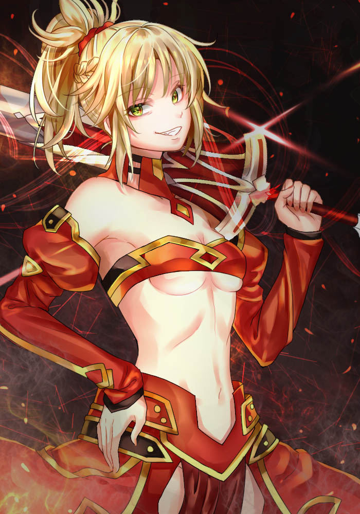 1girl azaka_(rionrita) blonde_hair bra braid breasts cleavage detached_sleeves eyebrows_visible_through_hair fate/apocrypha fate_(series) green_eyes grin hair_ornament hair_scrunchie hand_on_hip high_ponytail holding holding_sword holding_weapon long_hair long_sleeves looking_at_viewer mordred_(fate) mordred_(fate)_(all) navel red_bra red_scrunchie red_sleeves scrunchie shiny shiny_hair small_breasts smile solo standing strapless strapless_bra sword underboob underwear weapon