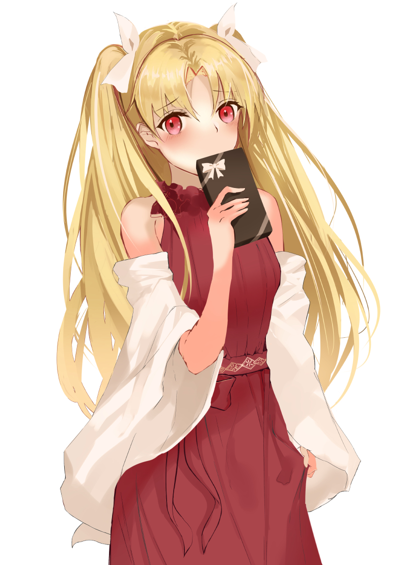 1girl blonde_hair blush bow dress ereshkigal_(fate/grand_order) eyebrows_visible_through_hair fate/grand_order fate_(series) hair_bow holding long_hair looking_at_viewer red_dress red_eyes sash simple_background sleeveless sleeveless_dress solo standing tukise_33 twintails very_long_hair white_background white_bow