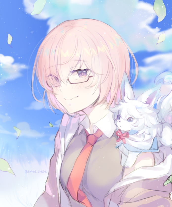 1girl animal animal_on_shoulder black-framed_eyewear blue_sky cloud day eyebrows_visible_through_hair fou_(fate/grand_order) glasses grey_eyes hair_between_eyes mash_kyrielight neck_ribbon outdoors pink_hair rapueru red_ribbon ribbon semi-rimless_eyewear shiny shiny_hair short_hair sky smile solo twitter_username under-rim_eyewear upper_body