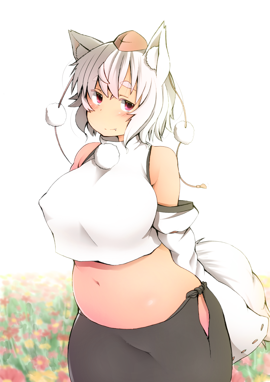 animal_ears bare_shoulders belly blush breasts commentary detached_sleeves fang fang_out field flower flower_field hat highres hips inubashiri_momiji large_breasts looking_at_viewer midriff navel plump pom_pom_(clothes) purple_eyes seductive_smile shishi_juuroku short_hair side-tie_skirt skirt smile solo tail thick_eyebrows tokin_hat touhou turtleneck white_hair wolf_ears wolf_tail