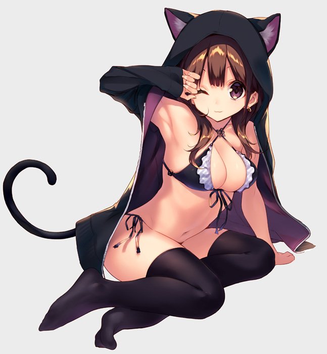 animal_ears animal_hood arm_up bangs banned_artist bare_shoulders bikini black_bikini black_legwear breasts brown_eyes brown_hair cat_ears cat_hood cat_tail cleavage closed_mouth commentary_request criss-cross_halter front-tie_bikini front-tie_top full_body grey_background halter_top halterneck hood hood_up hoodie light_smile long_hair looking_at_viewer loose_socks medium_breasts navel one_eye_closed open_clothes open_hoodie original shiny shiny_hair side-tie_bikini simple_background sitting socks solo suisen swimsuit tail thighhighs thighs yokozuwari