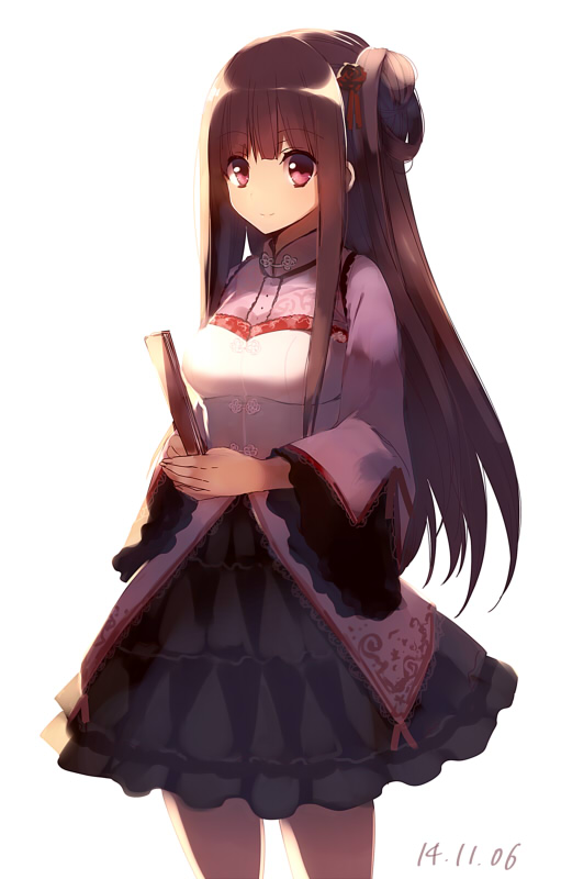 backlighting bangs banned_artist black_skirt blush brown_hair closed_mouth copyright_request cowboy_shot dated eyebrows_visible_through_hair fan folding_fan hair_ornament holding holding_fan long_hair purple_eyes simple_background skirt smile solo suisen white_background wide_sleeves