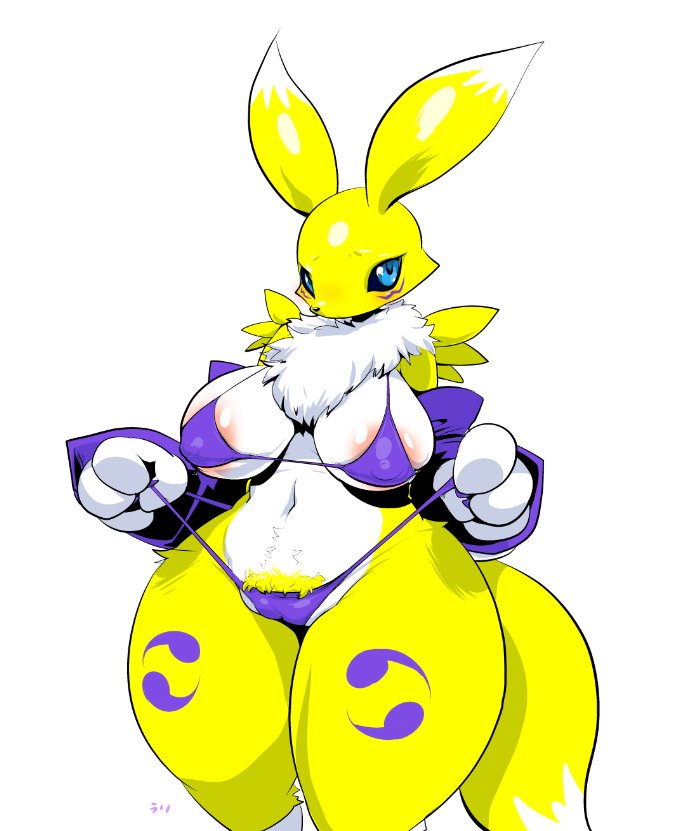 aritst_request bikini blue_eyes breasts digimon furry nipples pubic_hair renamon