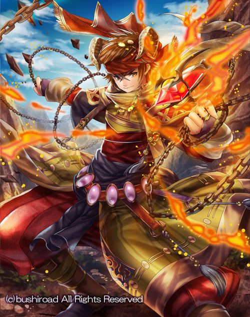 belt boots brown_hair cape cardfight!!_vanguard chain cloud coga company_name dragon_knight_roia fire full_body headband horns male_focus official_art orange_eyes rock sky solo