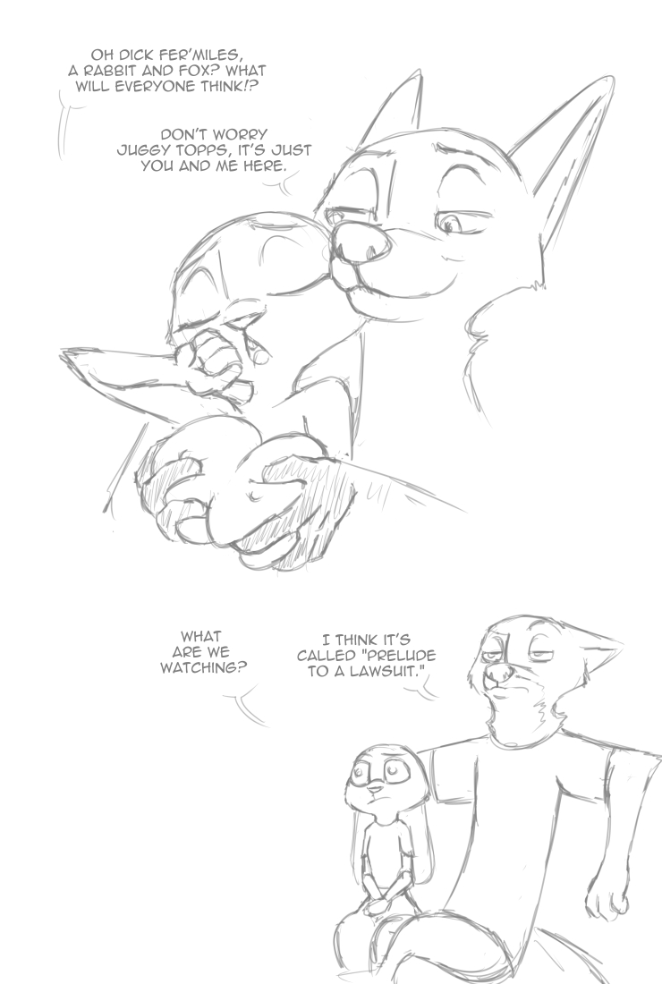 2017 akiric anthro big_breasts black_and_white breast_fondling breast_grab breast_squeeze breasts buckteeth canine clothed clothing dialogue dick_fer&rsquo;miles disney english_text fan_character female fondling fox grabbing_from_behind group hand_on_breast humor judy_hopps juggy_topps lagomorph male mammal monochrome nick_wilde nipples open_mouth rabbit simple_background smile teeth text white_background zootopia