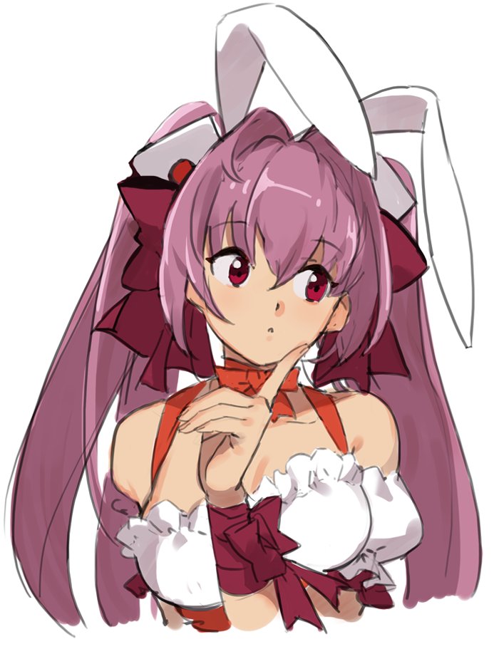 1girl :&lt; animal_ears bangs bare_shoulders bow breasts bunny_ears choker closed_mouth di_gi_charat dice dice_hair_ornament eyebrows_visible_through_hair finger_to_face hair_between_eyes hair_bow hair_intakes hair_ornament hand_up hit-kun index_finger_raised medium_breasts orange_choker pink_bow purple_hair red_eyes simple_background solo upper_body usada_hikaru white_background wrist_bow wristband