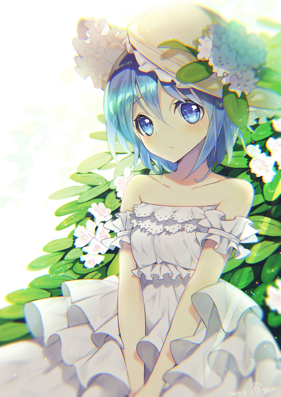 artist_name blue_eyes blue_hair blush chromatic_aberration closed_mouth commentary_request dated day dress flower frown hat hat_flower highres layered_dress leaf original rugo shiny shiny_hair short_hair solo strapless strapless_dress sun_hat sundress sunlight v_arms white_dress white_flower white_hat