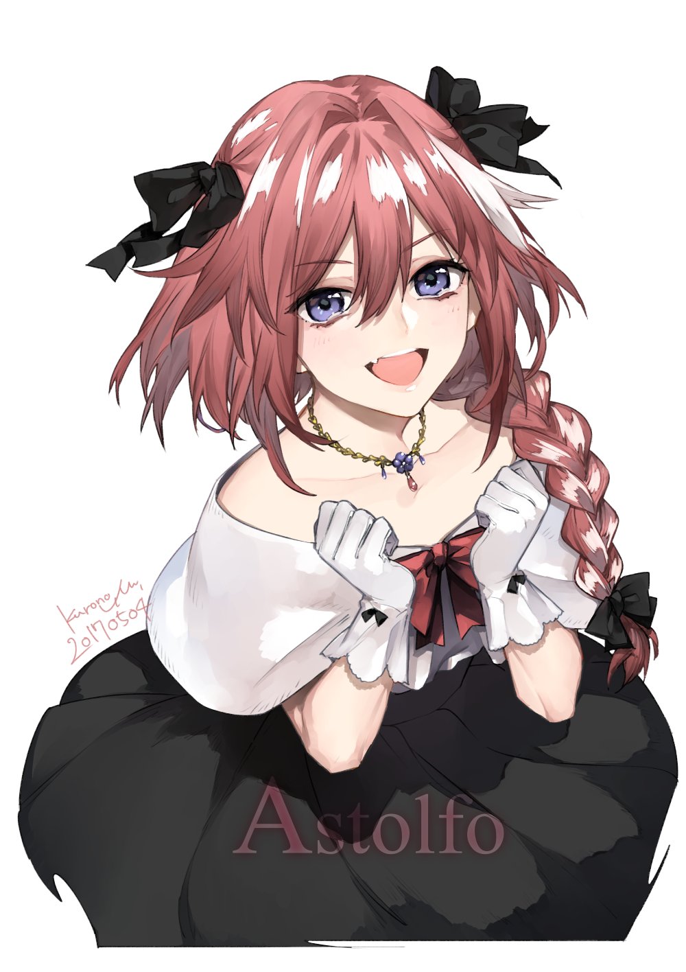 :d artist_name astolfo_(fate) blush braid character_name clenched_hands collarbone dated dress fang fate/apocrypha fate_(series) gloves hair_ribbon highres jewelry kurono_yuu long_hair looking_at_viewer male_focus necklace open_mouth otoko_no_ko pink_hair purple_eyes ribbon signature single_braid smile solo v-shaped_eyebrows white_gloves