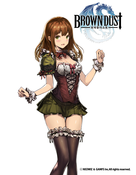 arm_ribbon bangs blunt_bangs bow bowtie breasts brown_dust brown_hair brown_legwear brown_ribbon cleavage clenched_hands copyright_name cowboy_shot cross-laced_clothes dress eyebrows_visible_through_hair frills garter_straps green_dress green_eyes green_skirt hands_up ing9 leg_ribbon legs_together long_hair looking_at_viewer medium_breasts miniskirt open_mouth pleated_skirt puffy_short_sleeves puffy_sleeves red_bow red_neckwear red_ribbon ribbon shirt short_sleeves simple_background skirt smile solo standing thigh_gap thighhighs underbust white_background wrist_cuffs zettai_ryouiki