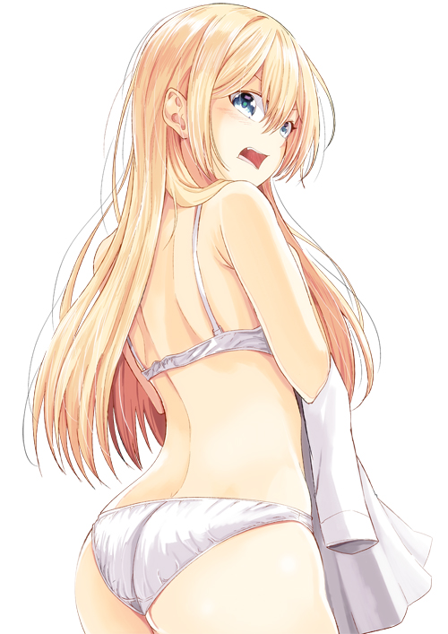 ass attsun_(atsushi_jb) back bangs bare_arms bare_shoulders blonde_hair blue_eyes bra cowboy_shot fang from_behind fujisaki_ayumi hair_between_eyes long_hair looking_at_viewer looking_back open_mouth panties sekai_ka_kanojo_ka_erabenai shirt simple_background solo underwear underwear_only white_background white_bra white_panties white_shirt