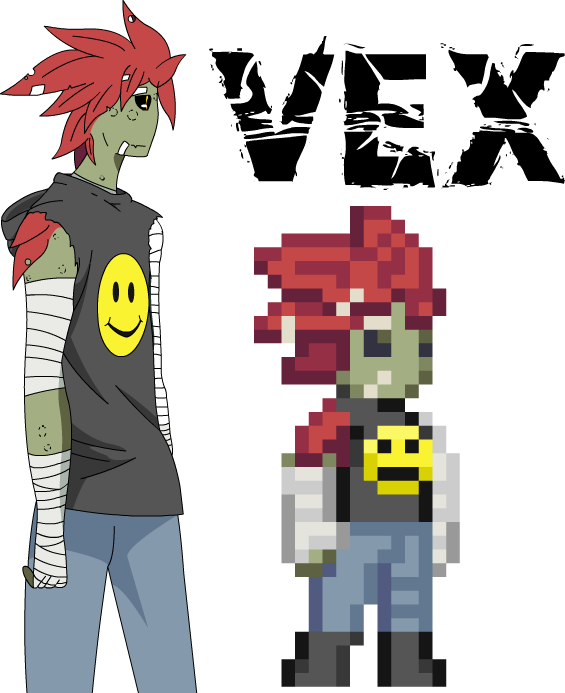 2017 bandage clothed clothing digital_media_(artwork) flora_fauna floran green_skin hair humanoid male pixel pixel_(artwork) plant sleeveless slim solo standing standing_tough starbound starcrew text vexter video_games