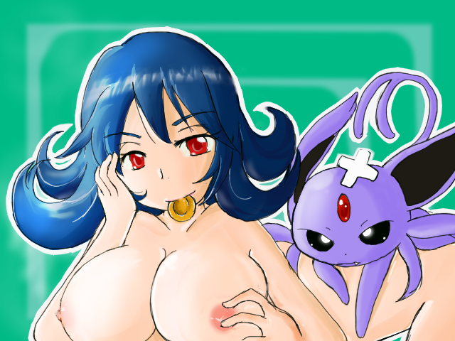 blue_eyes breasts espeon gym_badge gym_leader large_breasts natsume_(pokemon) nintendo nipples nude pokemon red_eyes sabrina short_hair