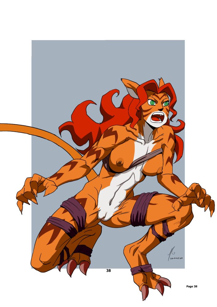 anthro bandage breasts chaotic claws clothed clothing digitigrade female fur green_eyes hair intress magi nipples open_mouth orange_fur plain_background pose pussy red_hair skimpy solo teeth tongue unknown_artist